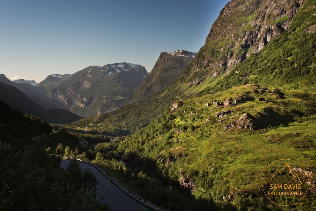 Looking back down Geiranger valley on route 63, Norway by Sam Davis Photographer